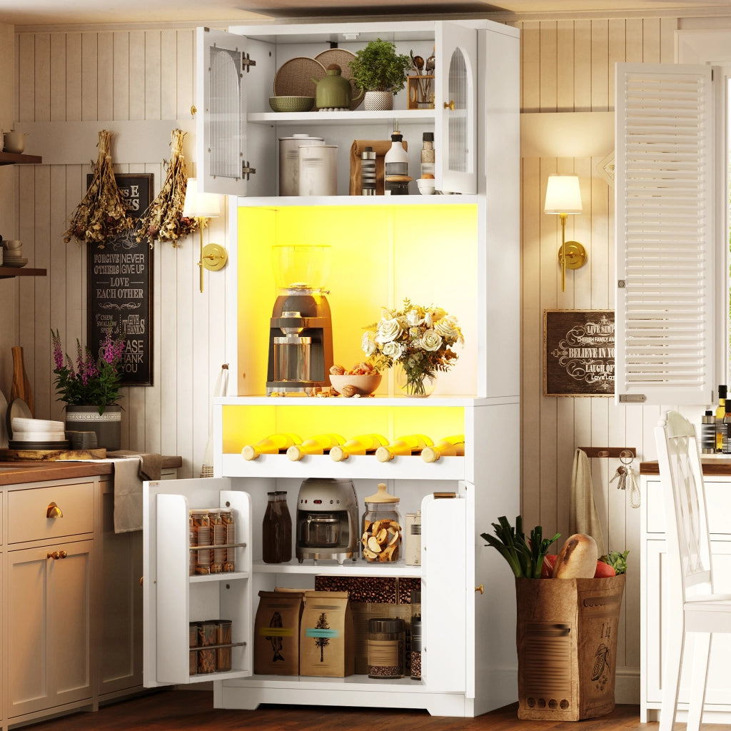 Credenza alta con LED RGB app, ante in vetro ondulato e portabottiglie per cucina e soggiorno bianca 70 × 38,3 × 180 cm