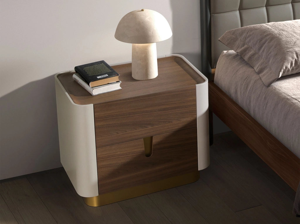 Comodino noce, beige, acciaio lucido dorato e piano in noce