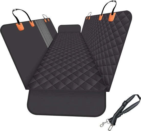 Hoes per auto per cani, SUV e camion con finestra in rete, antikras, antislip e materiale impermeabile, versione migliorata con cintura per cani (nero/arancione)