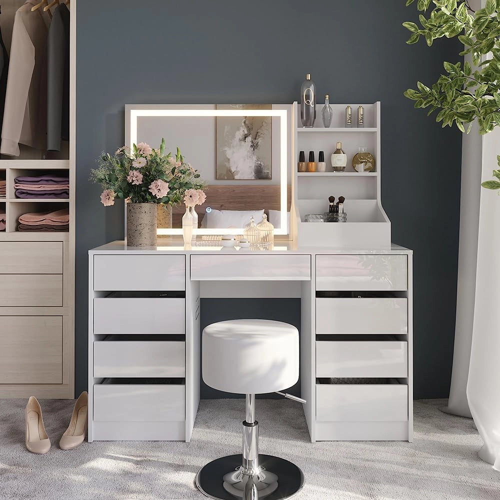 Tavolo da toeletta Sherry, Bianco/bianco lucido, 128.2 cm 4 parti