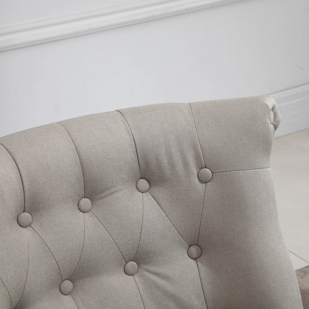 Poltrona vintage beige in lino con struttura in legno