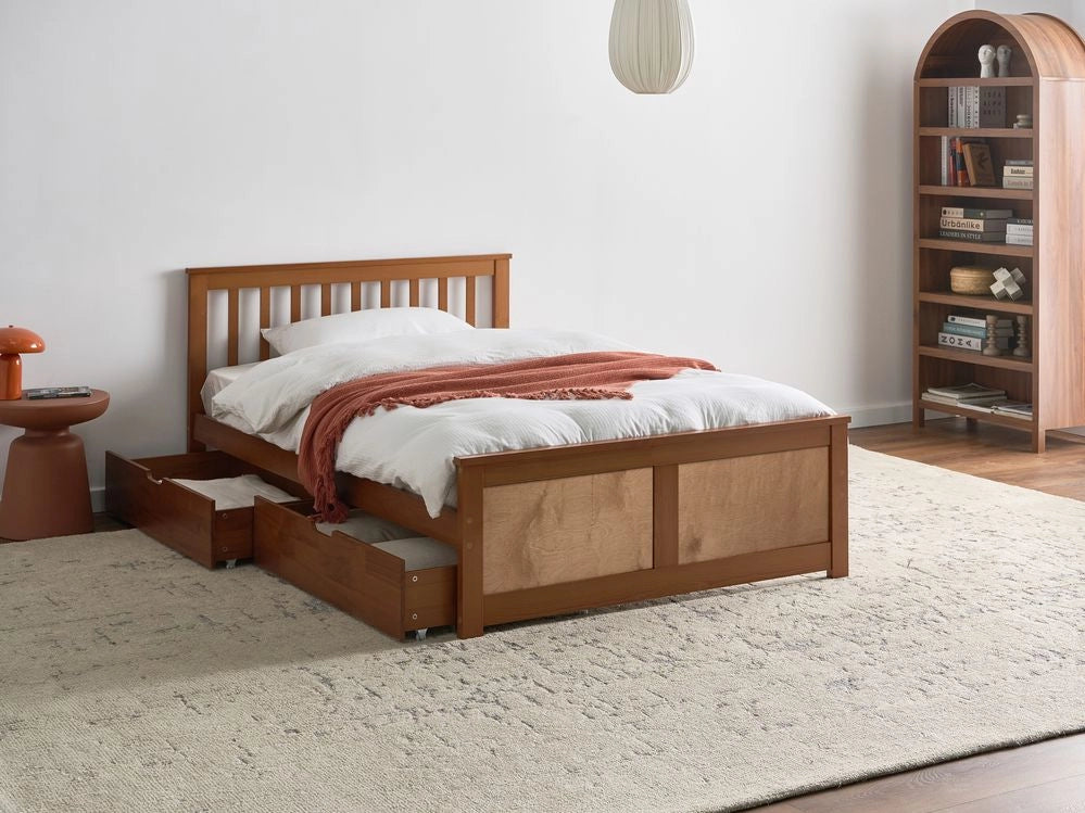 Letto matrimoniale in legno di Pino marrone con contenitore e 2 cassetti 120 x 200 cm Testiera a doghe minimalista