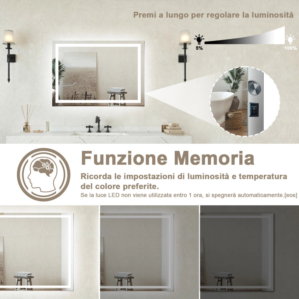 Specchio bagno Rettangolare 80x60cm Retroilluminato Con Led, Antiappannamento + 3 Luci
