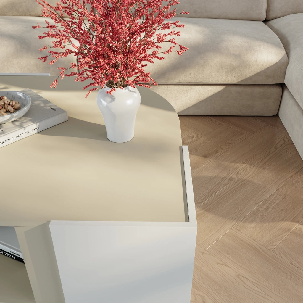 Tavolino Centrale da Salotto Klipsari con Piano Curvo 75 x 75 x 40 cm - Bianco / Color Avena Oatmeal [en.casa]