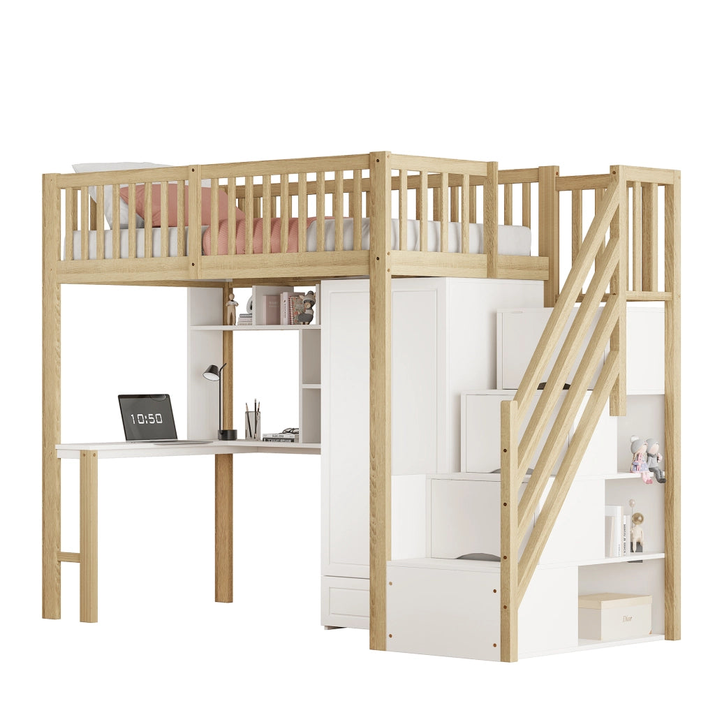 OKWISH Letto a Soppalco 90×200 cm, Letto Singolo con Scala con Cassetti, Armadio, Scrivania e Mensole, senza Materasso, Legno