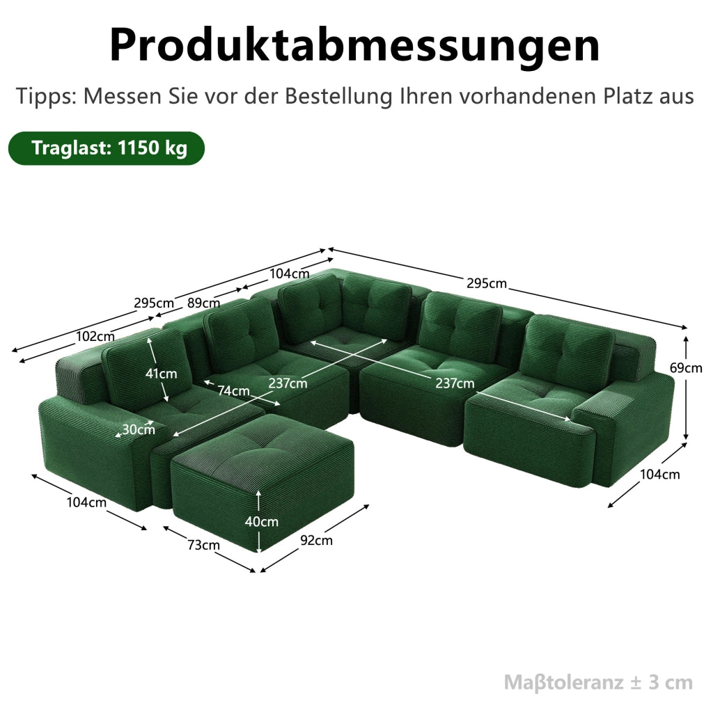 Divano angolare modulare in velluto a coste verde 295x295x69 cm con seduta profonda