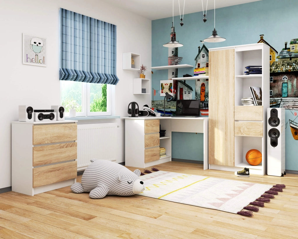 Scrivania angolare AKORD B16 Bianco 124 cm 3 cassetti inserto frontale Sonoma Quercia 124x85x77 cm Modello a sinistra