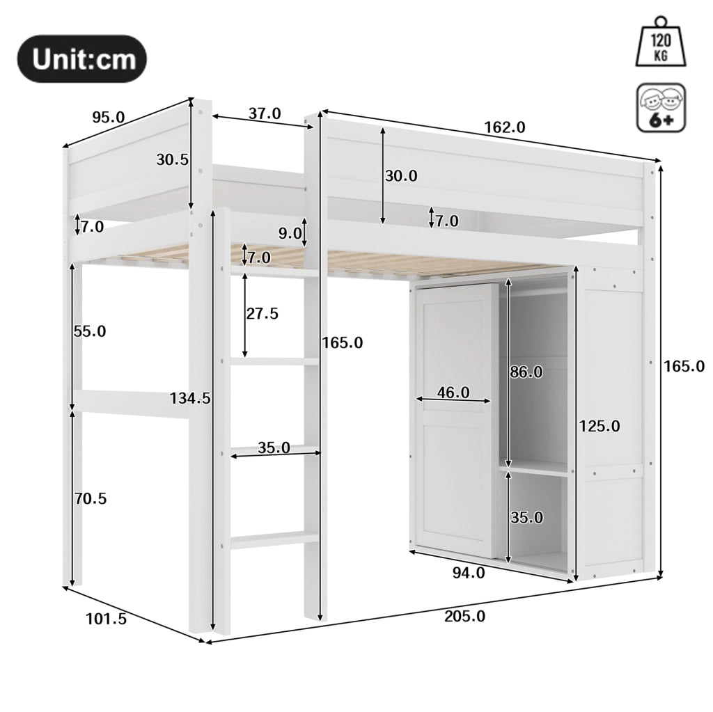 Letto a soppalco 90x200 cm bianco con armadio e vano contenitore