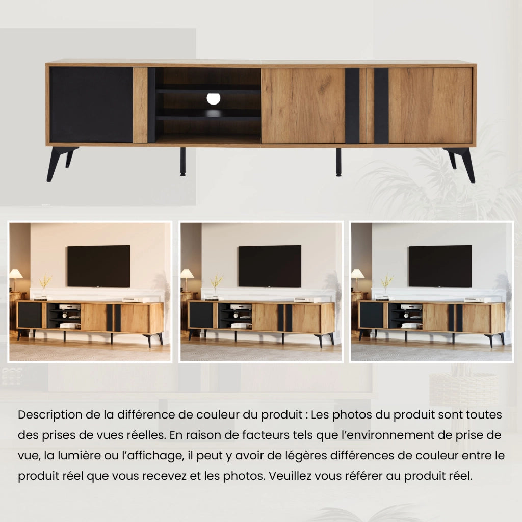 Mobile TV 180 cm con 3 Ante e 4 Vani Aperti e Passacavi; Stile Rustico; Marrone e Nero
