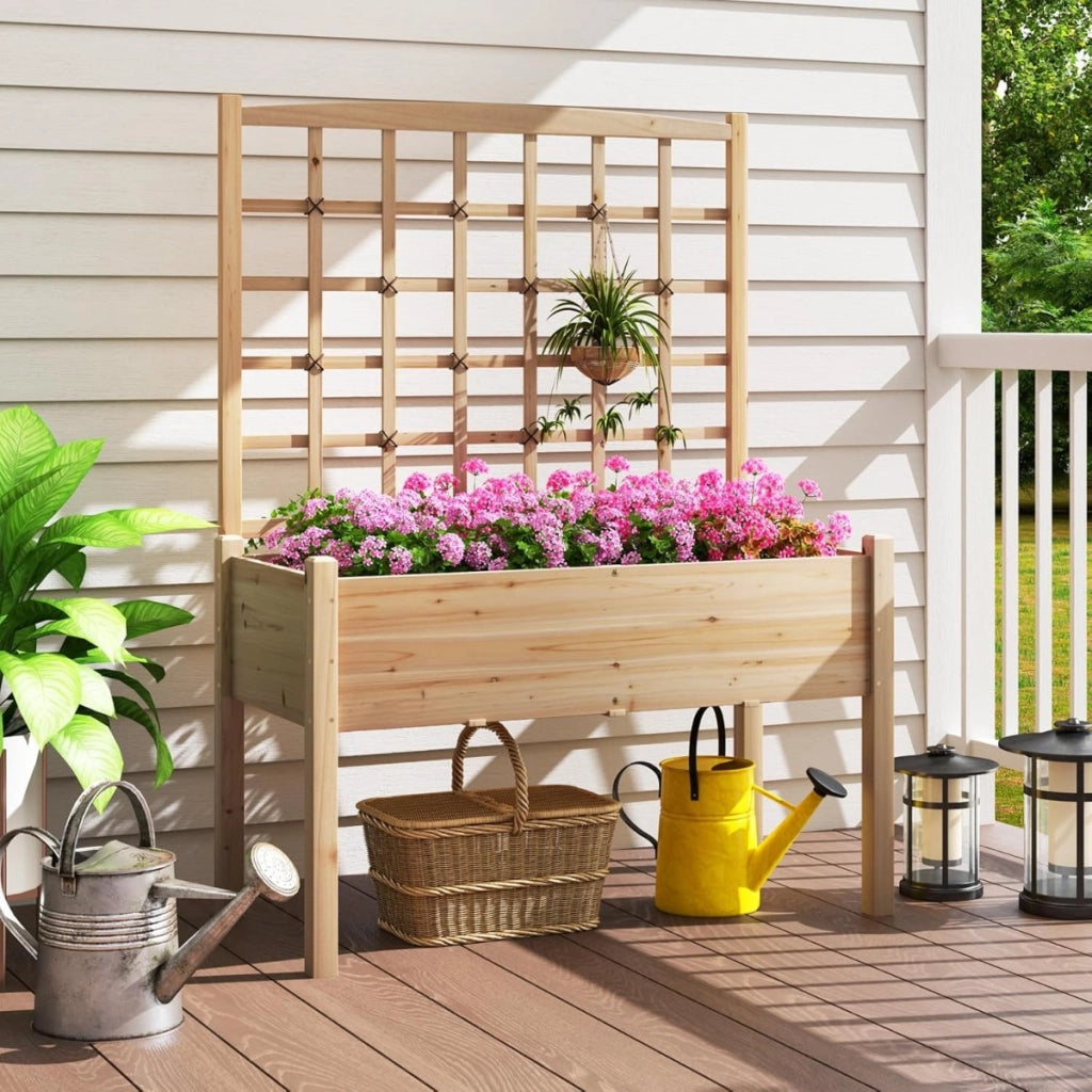 Letto da giardino elevato con traliccio per rampicanti, Scaffale per piante in legno con piedi per rampicanti Naturale-Scaffali per piante