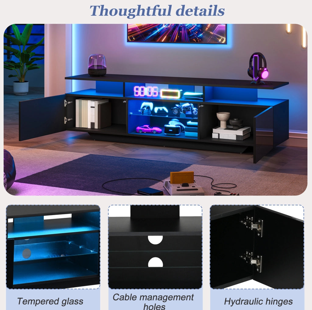 Mobile porta TV 160 x 40 x 45 cm con LED via app; 2 vani chiusi; MDF; nero