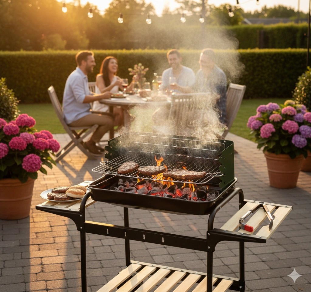 Barbecue a Carbone Griglia 58x38 cm  Ompagrill 70501 Ripiani in Legno e Struttura in Acciaio Verniciato Nero