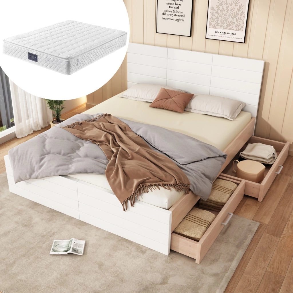 Letto matrimoniale 140 × 200 cm con 2 cassetti, materasso incluso, in massello e MDF, bianco e rovere