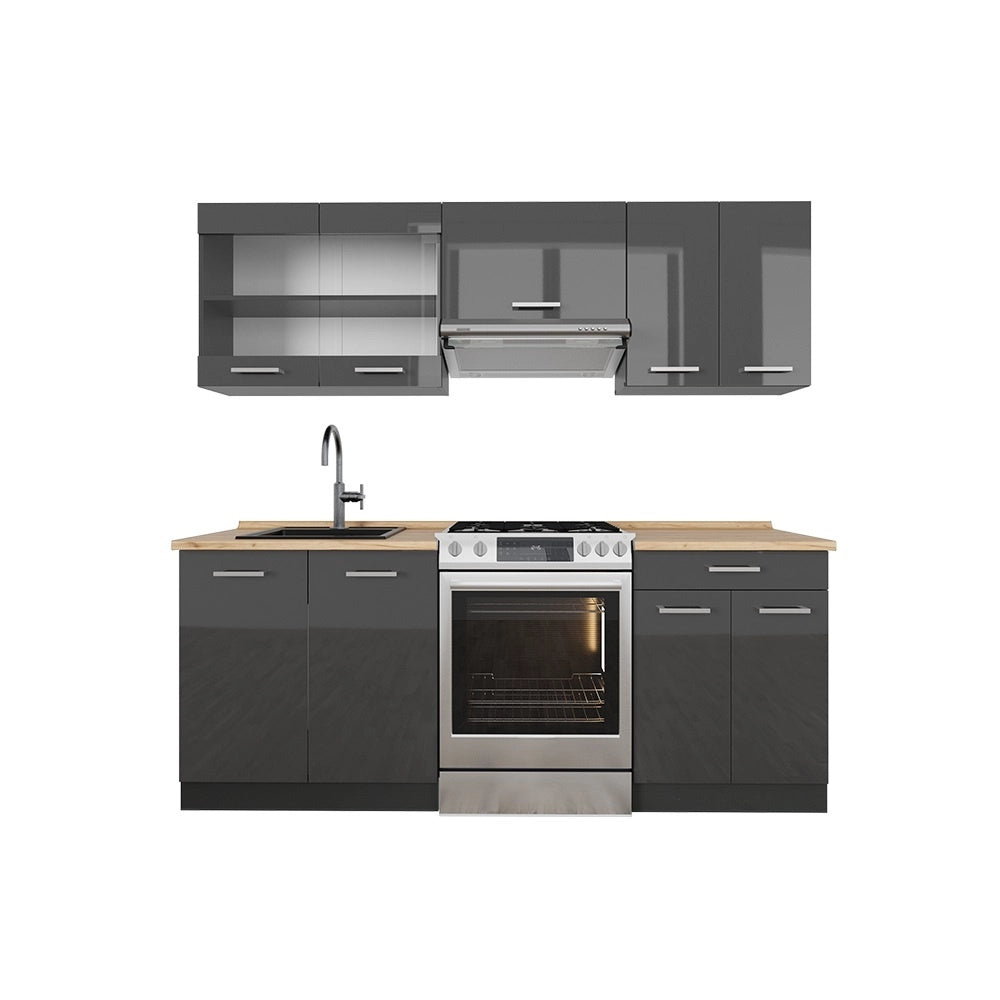 Cucina componibile R-Line Antracite lucido/Antracite 200 cm senza piano di lavoro Vicco