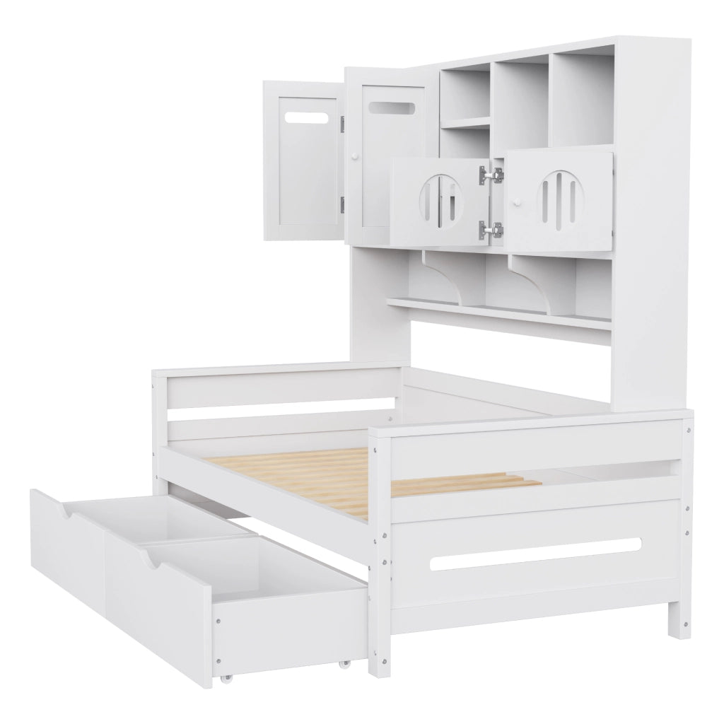 OKWISH Letto a Divano 90×200 cm, Letto Singolo con 2 Cassetti, Vani Contenitori e Ripiani, senza Materasso, in Legno, Bianco