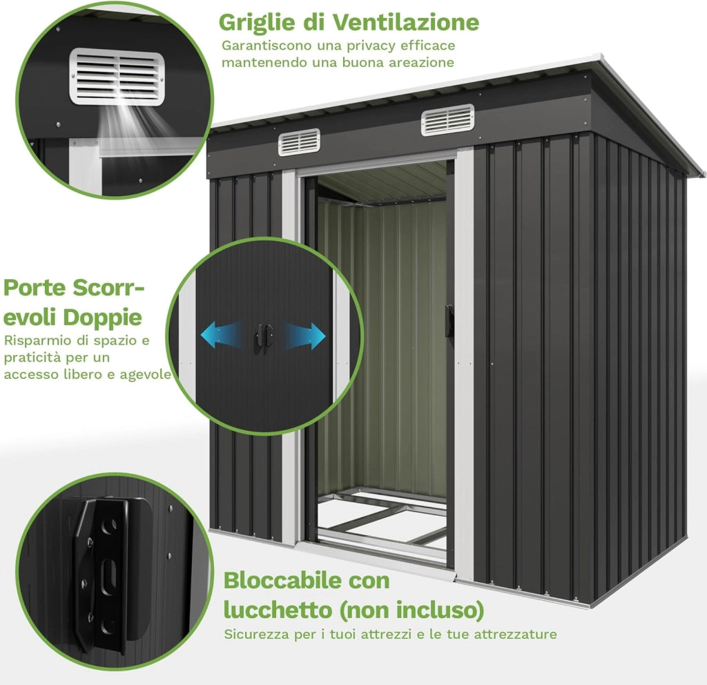Capanno per attrezzi Devoko in metallo 183x109x182 cm con basamento, capanno da 3,6 m³ con tetto a una falda e porta scorrevole, capanno da giardino per biciclette, terrazza, prato, antracite
