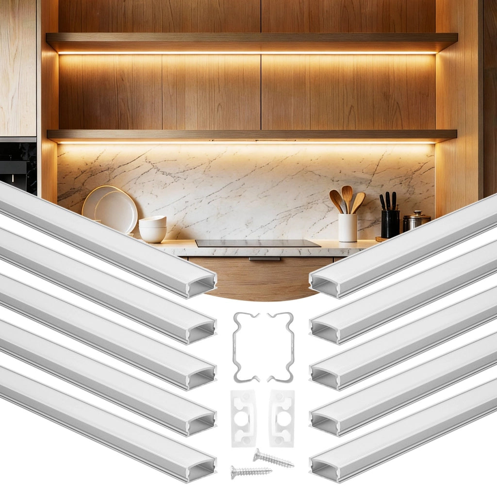 Set 10 Profili in Alluminio a Forma di U per Strisce LED 2 m, Canali per Illuminazione Sottopensile e Cucina Fai da Te