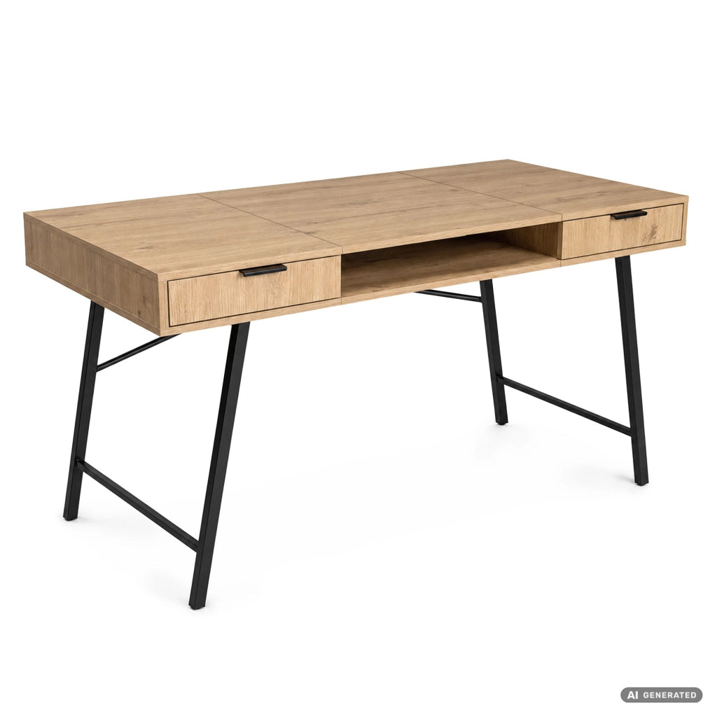 Scrivania industriale per computer Rovere Artisan ARDEN 120 cm 2 cassetti 1 ripiano gambe nere