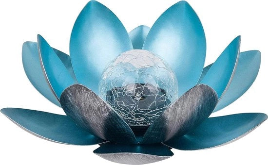 Lanterna Solare per Giardino in Fior di Loto - Argento/Azzurro - Metallo - 27,5 cm di Diametro