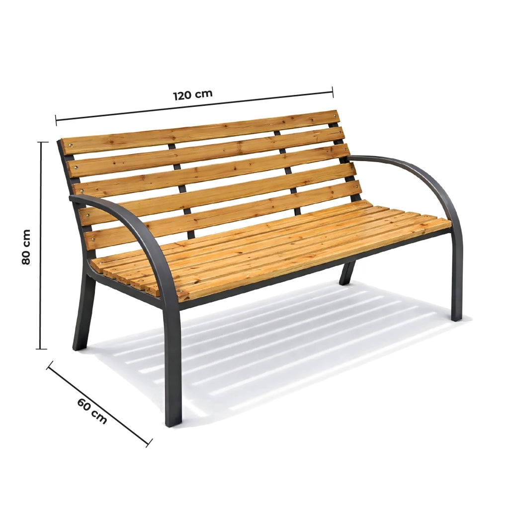 Panchina da Giardino 2 Posti in Legno e Acciaio 120 cm con Braccioli – Panca da Esterno per Terrazzo, Balcone e Giardino – Design Resistente e Comfort Naturale