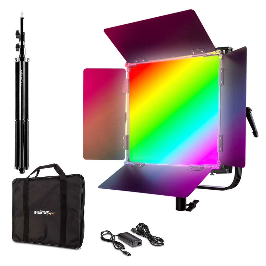 LED Rainbow 50W RGBWW Set - composto da luce, alette di schermatura, alimentatore, borsa per il trasporto e lo stoccaggio, treppiede per lampada con attacco e adattatore