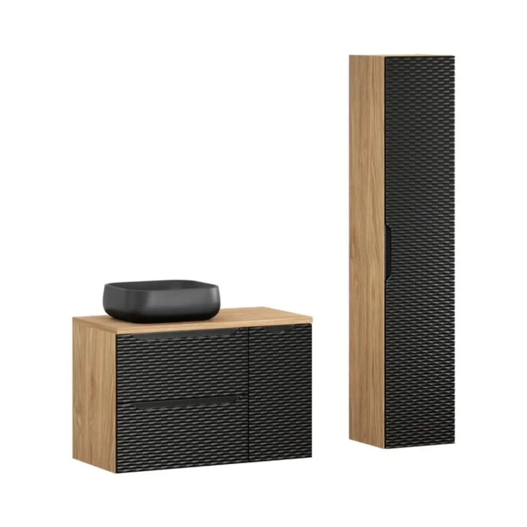Set da bagno YOKA nero: mobile sottolavabo 90 cm + piano per lavabo + lavabo da appoggio + colonna contenitore