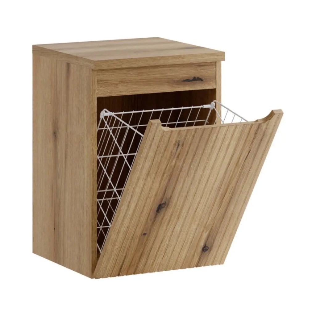 Carrello per la biancheria VANO 40 cm - mobile sospeso in rovere chiaro con anta a ribalta e ripiano