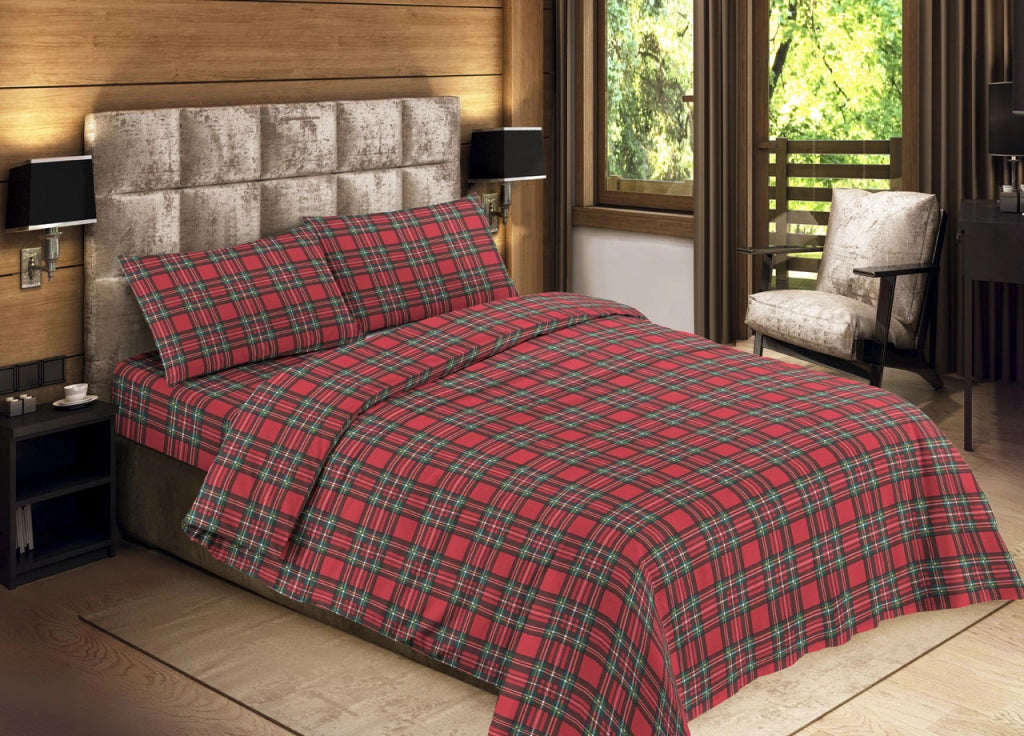 Completo Lenzuola Letto Camera In 100% Cotone Made Italy Vari Disegni RP - 2 Piazze - Kilt Rosso