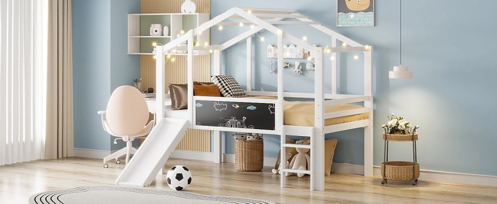 DESMIU Letto a soppalco per bambini 1 posto con scivolo, scala e lavagna, 90 × 200 cm, senza materasso
