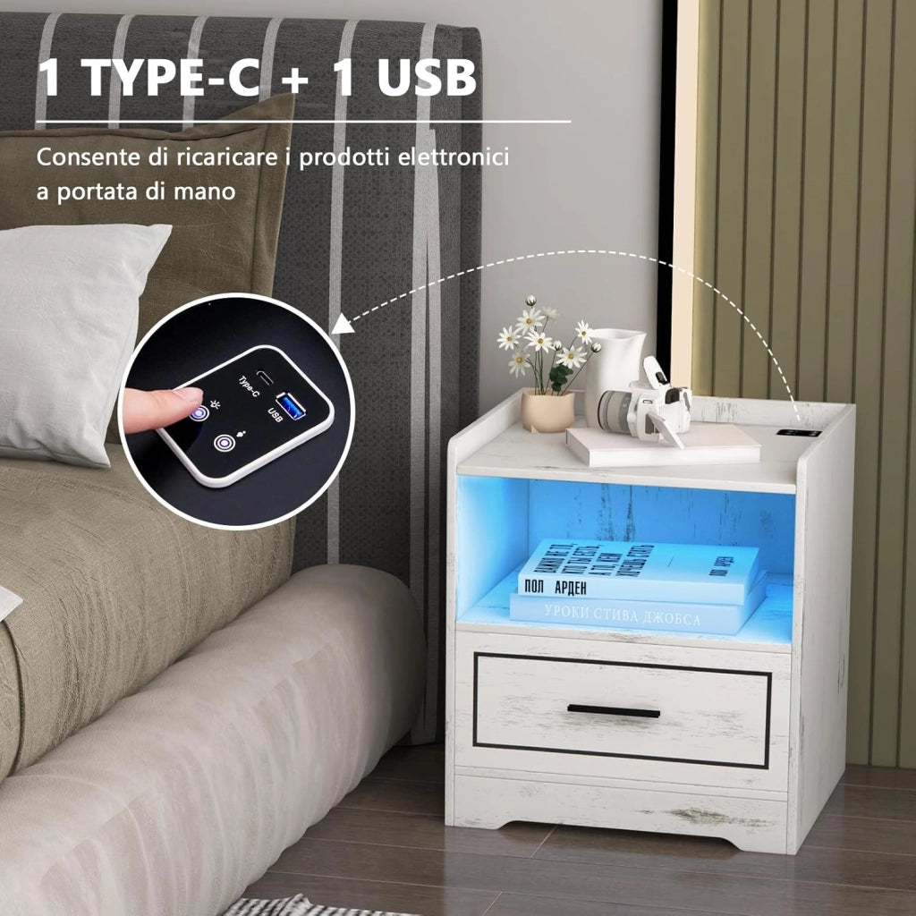 Comodino con LED, Comodino Intelligente con 2 Porte USB, Ripiano Aperto e Cassetto, Luci a Colori Variabili, Bianco, 45 x 40 x 50 cm (2, Bianco)