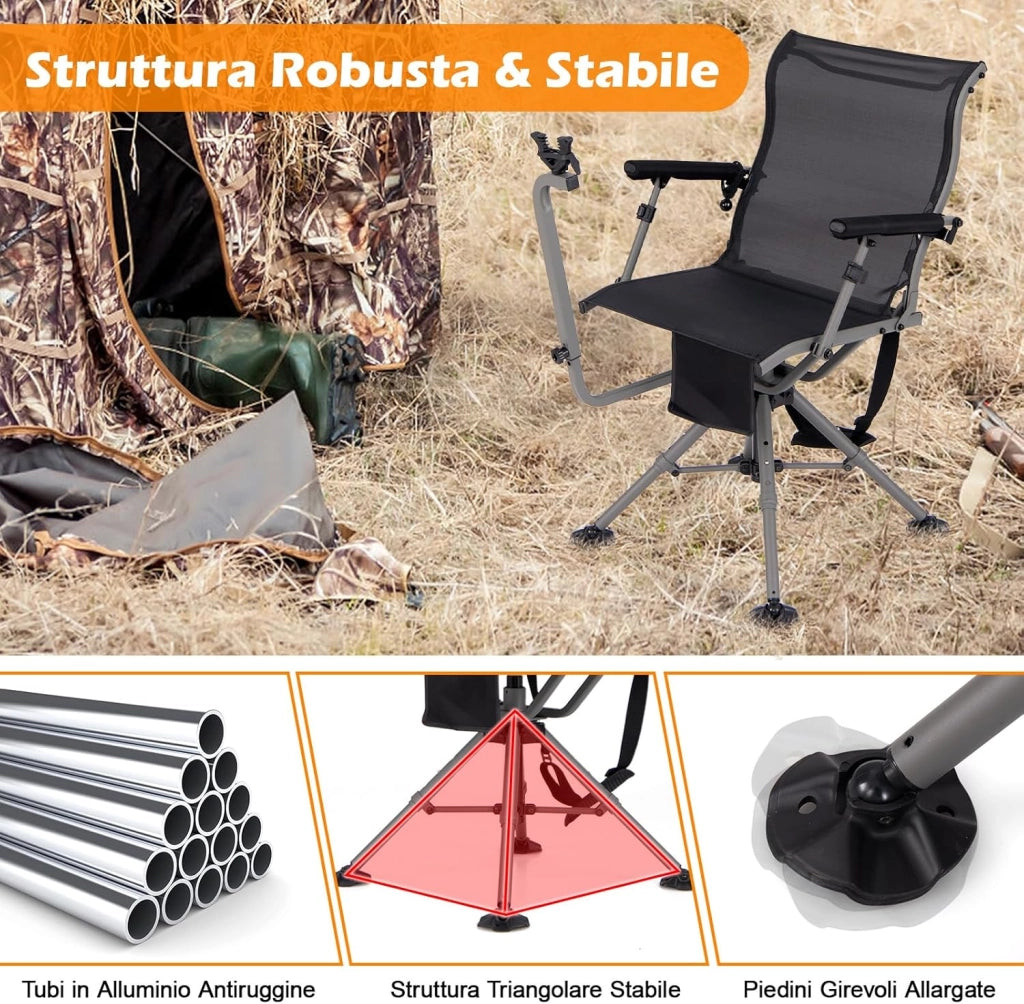 Sedia da Caccia, Sedia da Cecchino Pieghevole con Gambe e Supporto per Fucile Regolabili, Girevole Silenziosa a 360°, Schienale Ergonomico, Sedia da Terra Portatile, Portata 150 kg