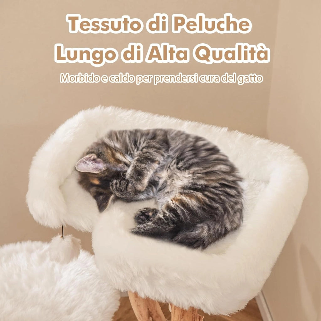 Tiragraffi per Gatti in Legno 110cm, Albero Tiragraffi con Pali in Corda di Juta Naturale e Palla Pendente, Torre Moderna per Gatti da Interno, Bianco e Naturale