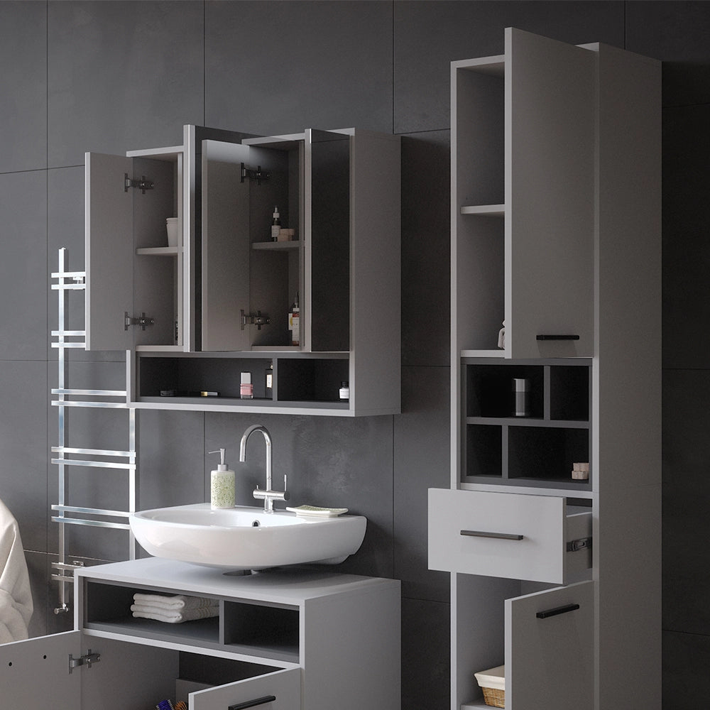 Armadio per il bagno Beatrice Grigio/Antracite 38 x 190 cm Con ante, cassetti e scomparti Vicco