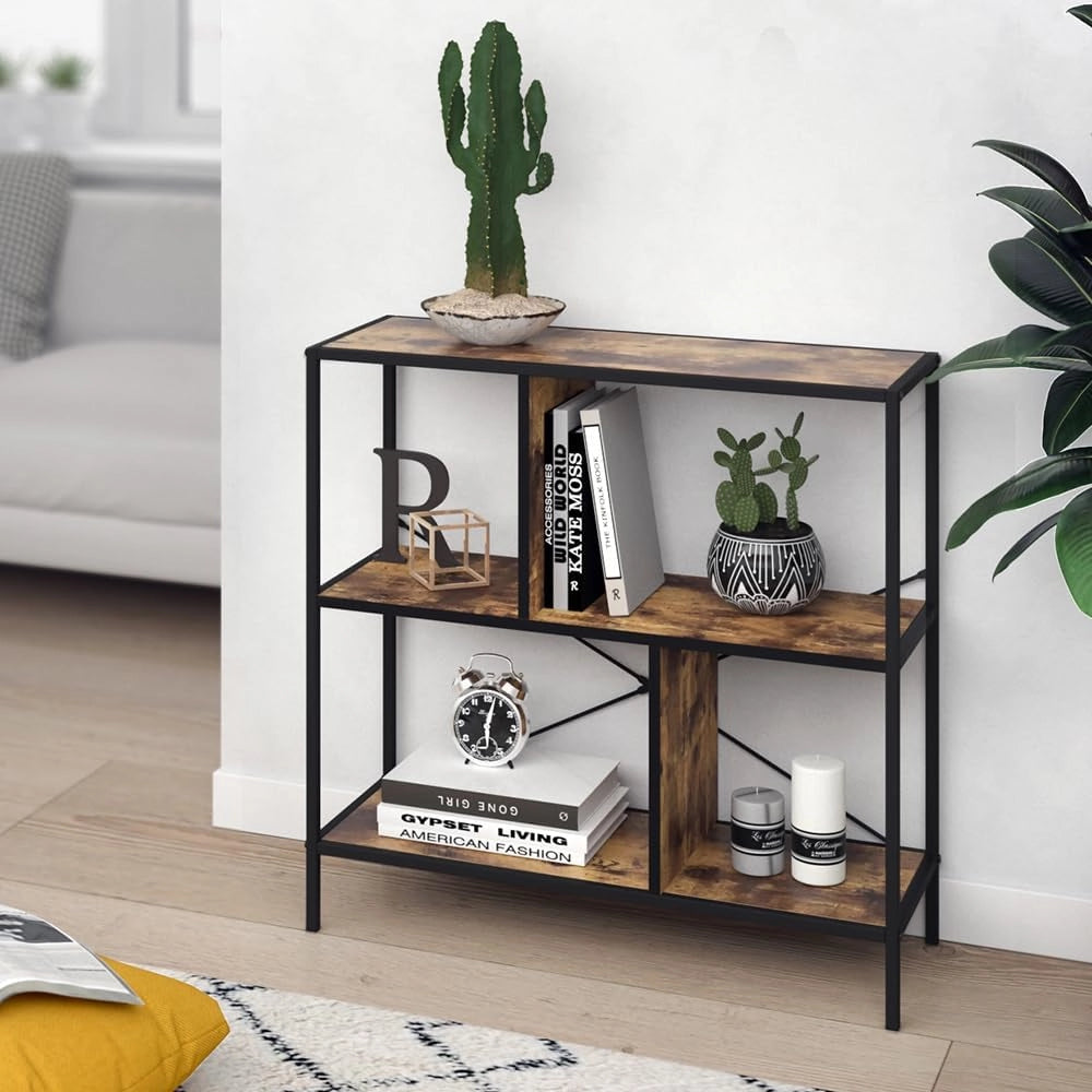 Divisorio per ambienti Fyrk, Legno antico, 80 x 79 cm, utilizzabile come divisorio con struttura in metallo e ripiani aperti