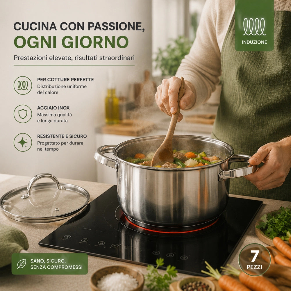 Batteria di Pentole Acciaio Inox 7 Pezzi Pentole Adatte a Tutti i Piani Cottura