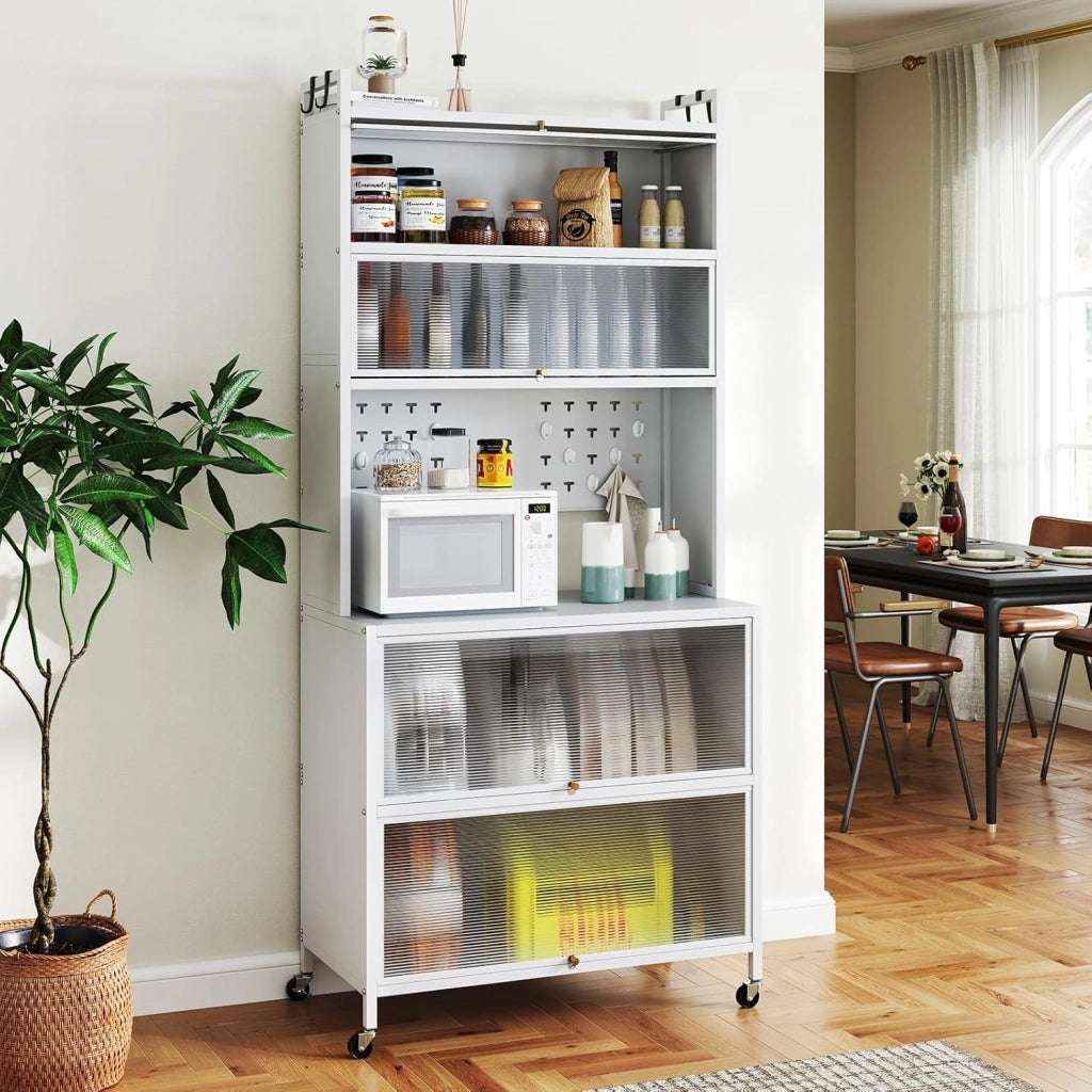 Mobile da cucina alto a 6 livelli, credenza cucina con ruote, 10 ganci, ante pieghevole, pannello perforato, mobile vetrina in acciaio, per soggiorno, sala da pranzo (bianco)