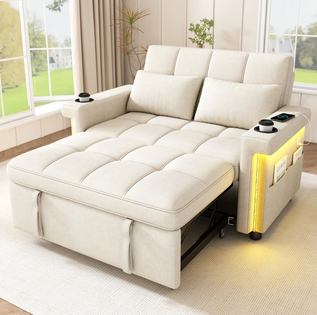 Divano letto 2 posti 145x141;5 cm in ciniglia beige con LED e porte USB/Type-C HOMVRA