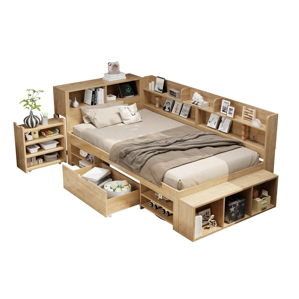 OKWISH Letto Bambini 90×200 cm, Letto Singolo con Contenitore, Mensole e Ricarica Wireless, senza Materasso, in Compensato, Naturale