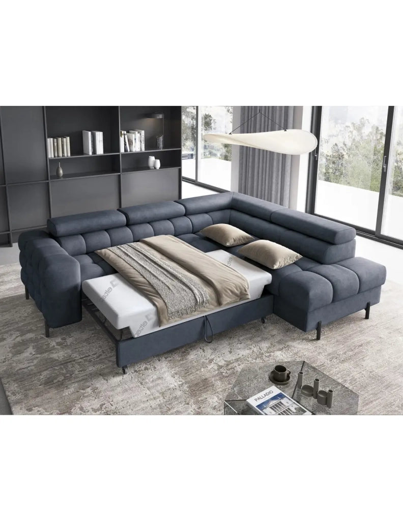 Divano letto Blu scuro FERRUM 5 posti angolo destro grande formato 276x93x200cm