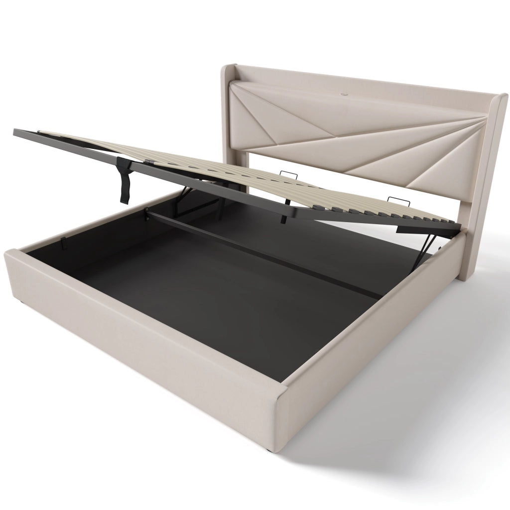 OKWISH Letto Contenitore 160×200 cm, Letto Matrimoniale con USB, Tipo C e Testiera Geometrica, senza Materasso, in Lino Cotone, Beige