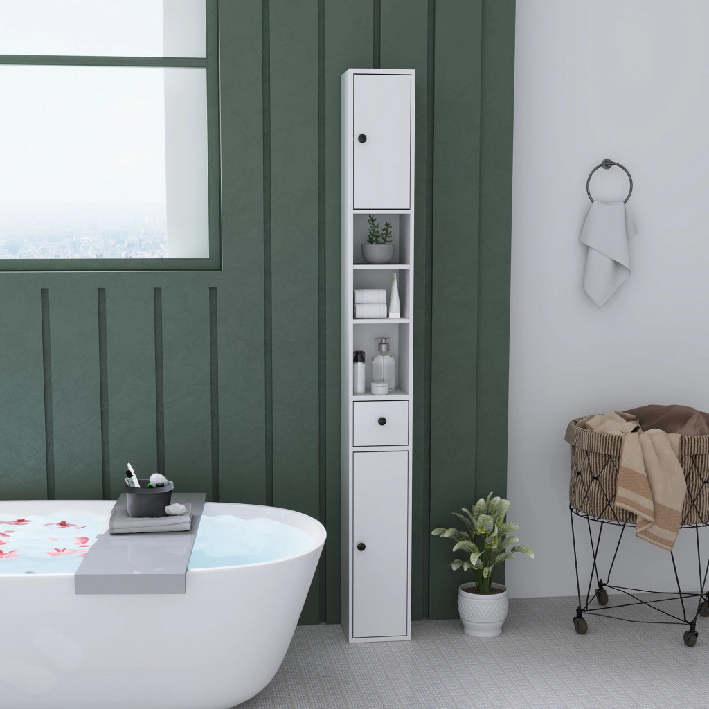 Colonna Bagno Salvaspazio 20x20x178 cm con Armadietti Ripiani Aperti e Cassetto in Legno Bianco