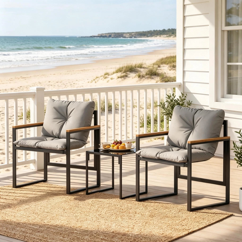 Set lounge da giardino 3 pezzi con tavolino in vetro temperato, 2 sedie, nero e grigio
