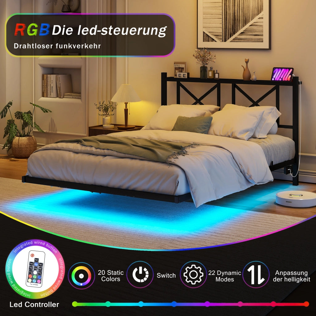 Letto matrimoniale 120 × 200 cm con illuminazione LED, stazione di ricarica et ripiano testiera, senza materasso, in metallo nero