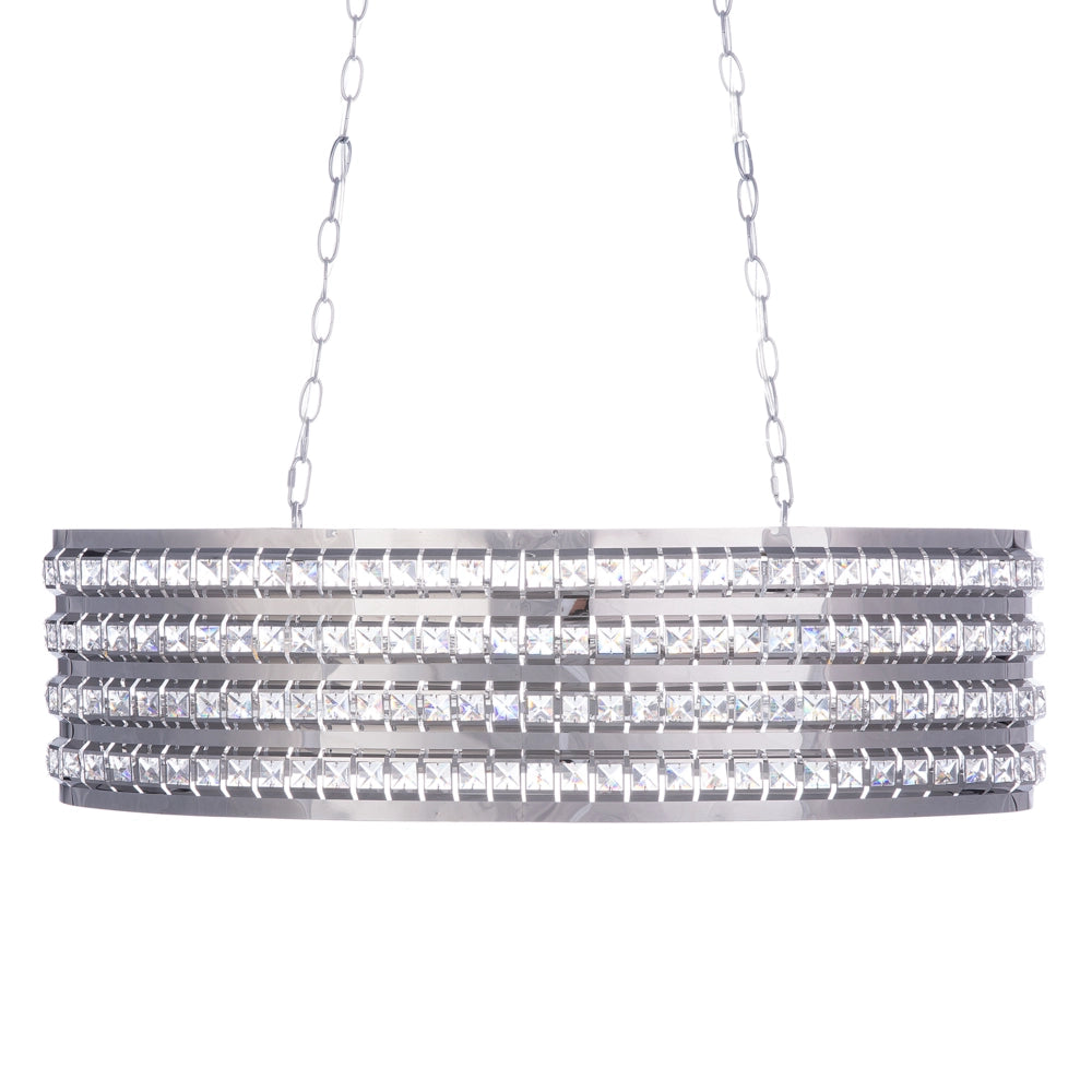 Lampadario in Metallo Argentato Paralume Ovale a 2 Luci con Cristalli in stile Glam