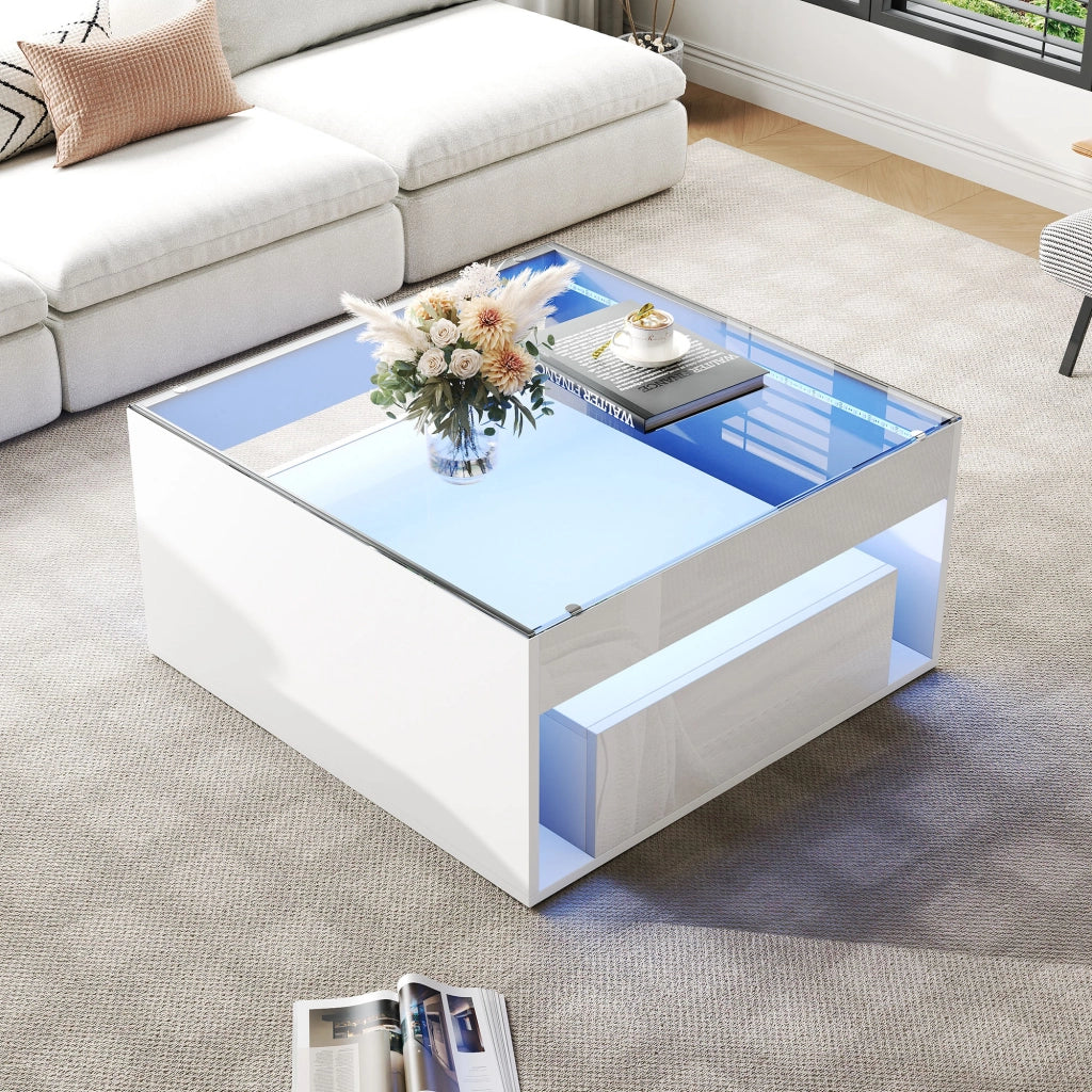 Tavolino da caff¨¨ 70 x 70 x 35 cm in MDF bianco con piano in vetro temperato, 2 cassetti, LED e portata 60 kg