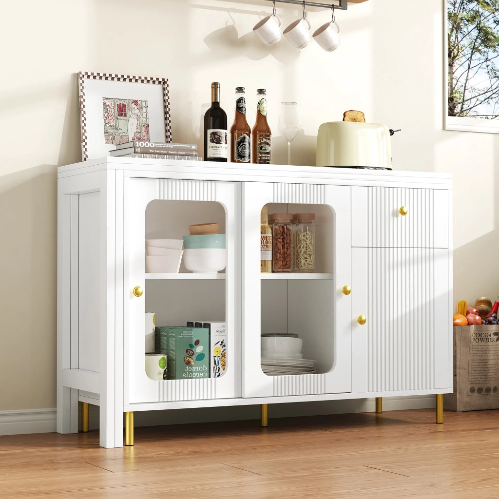 Credenza con 2 ante scorrevoli; 1 cassetto e piano apribile per cucina e soggiorno