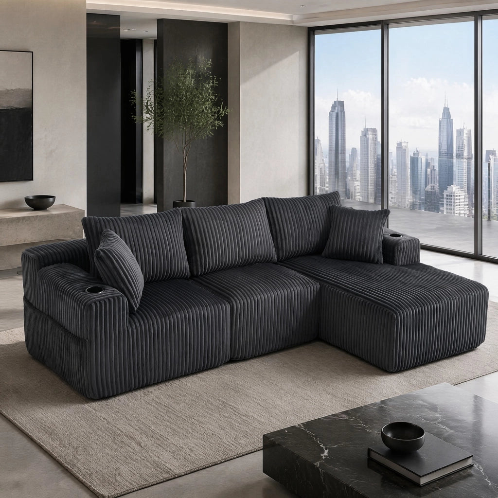Divano modulare con chaise longue e 2 posti, rivestimento in corduroy grigio, 5 cuscini, tasche laterali e portabicchieri