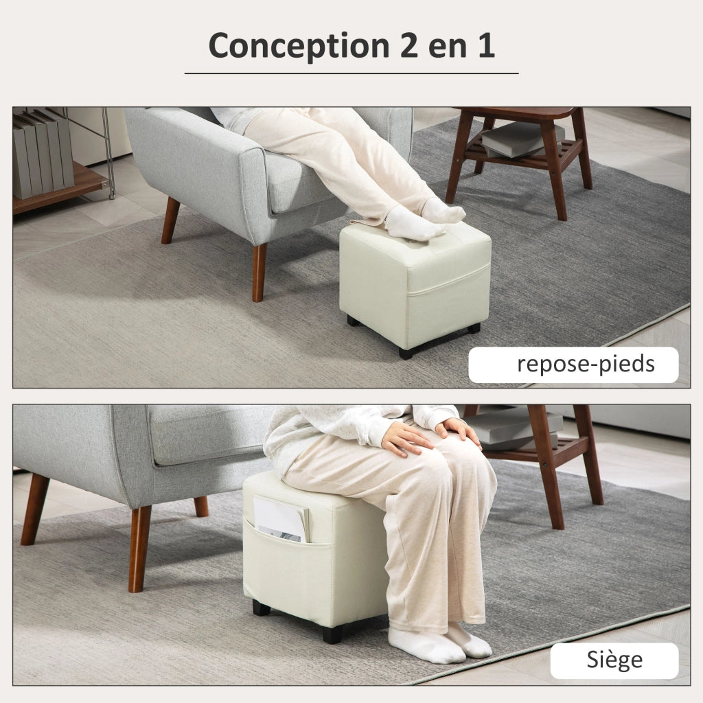 Pouf imbottito con tasca laterale ¨C zephmum ¨C Tessuto effetto lino, crema, 35x35x35 cm
