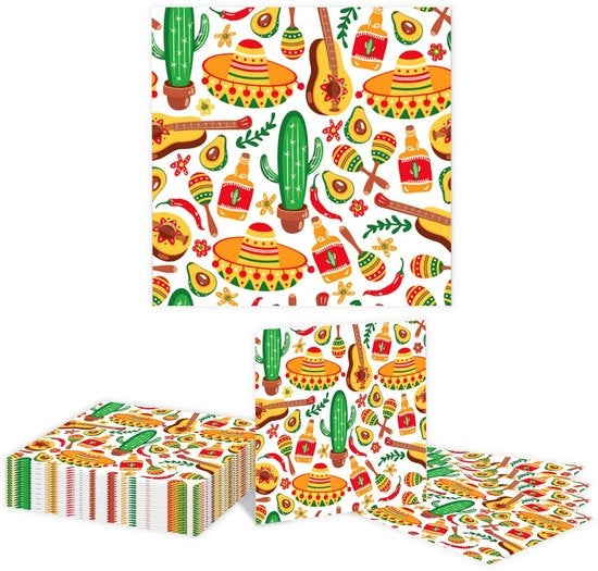 Serviette di festa 20 pezzi - Cactus messicano - Resistenti e assorbenti - Carta di alta qualità - 16,5 cm x 16,5 cm - Ideali per la decorazione di festa - Serviette