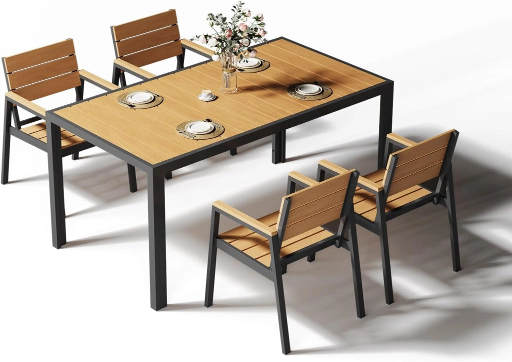 HDPS Set Tavolo e Sedie da Giardino 5 Pezzi Resistente alle Intemperie, Completo di Tavolo 150 cm e 4 Sedie da Esterno in Alluminio, Finitura a Vena di Legno e Facile da Manutenzionare,Naturale